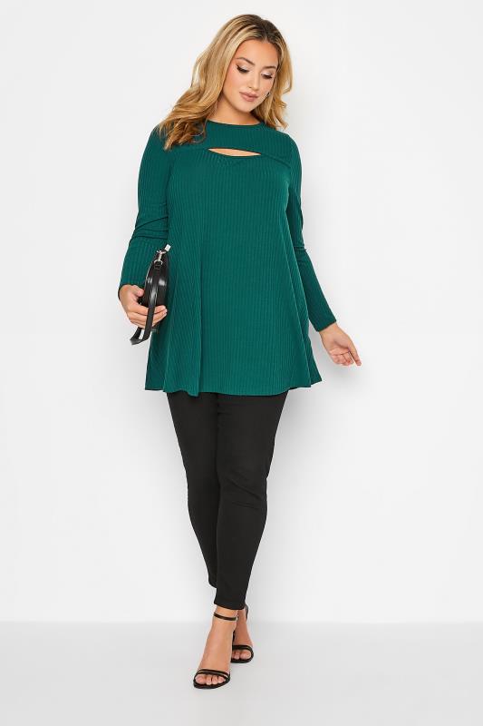 Curve Plus Size Forest Green Ribbed Cut Out Long Sleeve Ribbed Top | Yours Clothing 2