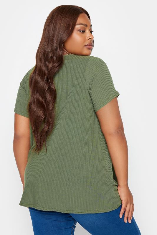 YOURS Plus Size Curve 2 Pack Khaki Green Ribbed Stripe Swing T-Shirts | Yours Clothing  6