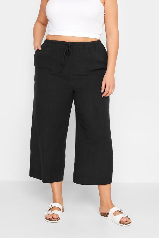 Tall  LTS Tall Black Wide Leg Cropped Linen Trousers