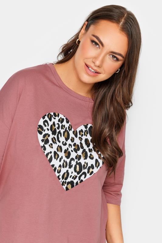 YOURS Plus Size Pink Leopard Print Heart Oversized T-Shirt | Yours Clothing 4