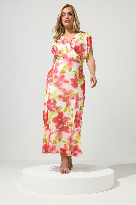  Yours London Wickelkleid in Weiß mit Blumenmuster aus Netzstoff mit Godet-Saum