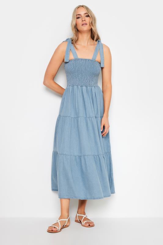  LTS Tall Blue Denim Shirred Tiered Midi Dress