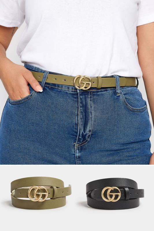 Plus Size  2 PACK Black & Khaki Green Gold Buckle Belts