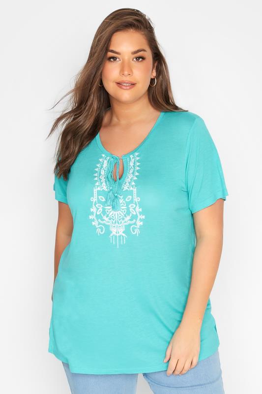 Plus Size Blue Aztec Embroidered Tie Neck T-Shirt | Yours Clothing  1