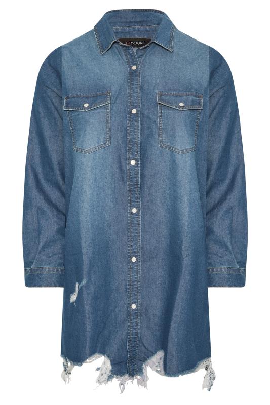 Plus Size Blue Distressed Denim Shirt | Yours Clothing  6