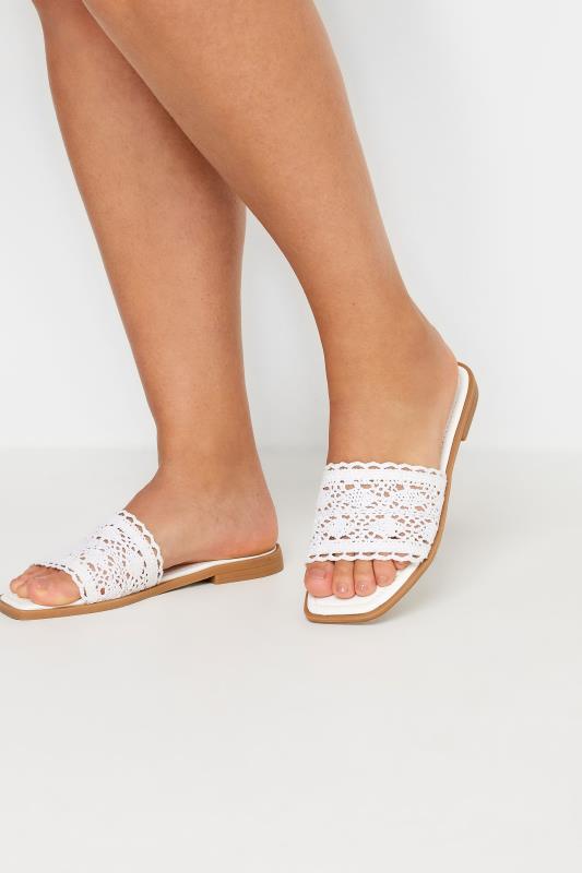 Plus Size  White Crochet Mule Sandals In Extra Wide EEE Fit