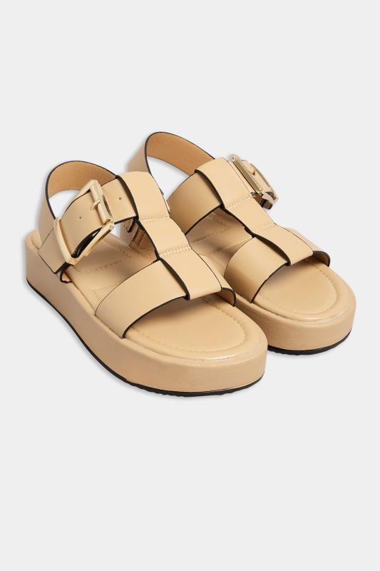 PixieGirl Tan Brown T-Bar Chunky Flatform Sandals In Standard Fit | PixieGirl 2