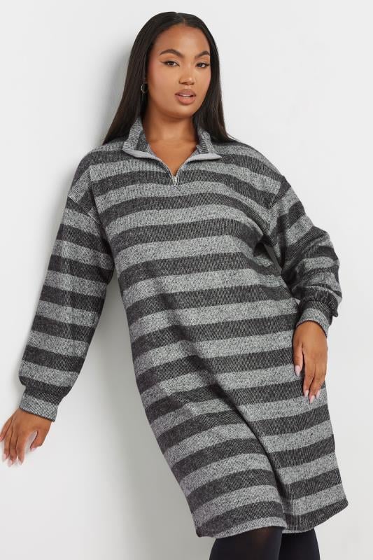 Plus Size  YOURS Curve Grey Stripe Soft Touch Jumper Dress