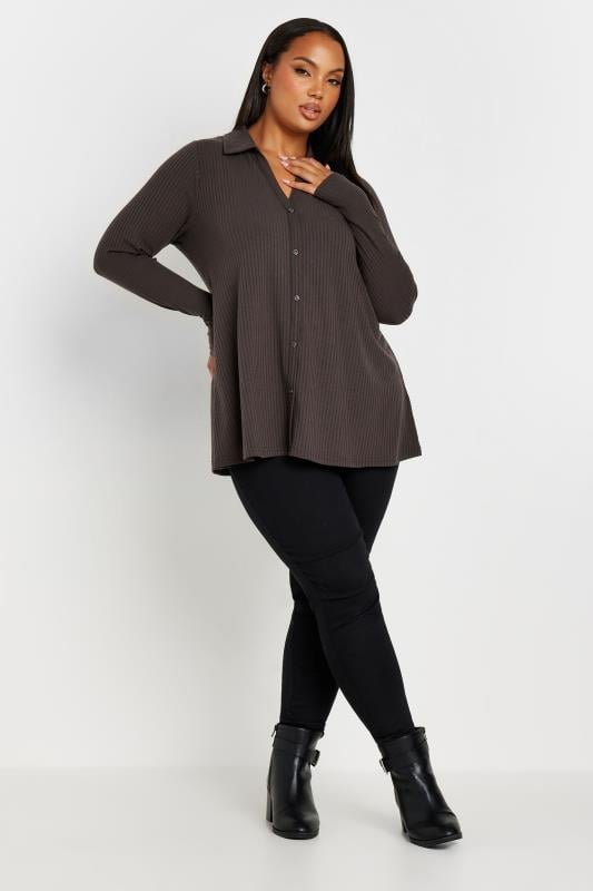 YOURS Plus Size Brown Ribbed Button Front Long Sleeve Collared Top | Yours Clothing 2