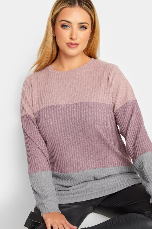 Plus Size  YOURS LUXURY Curve Pink & Grey Colour Block Soft Touch Metallic Jumper