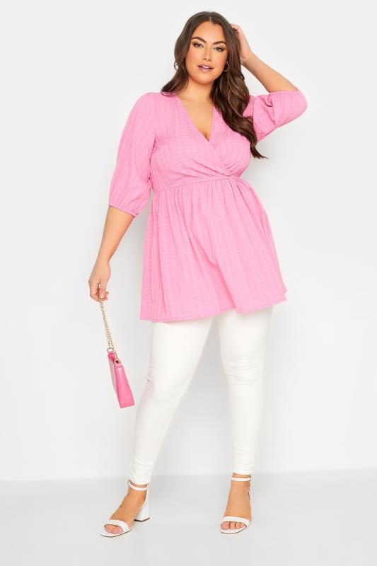 YOURS Plus Size Pink Textured Wrap Top | Yours Clothing 3
