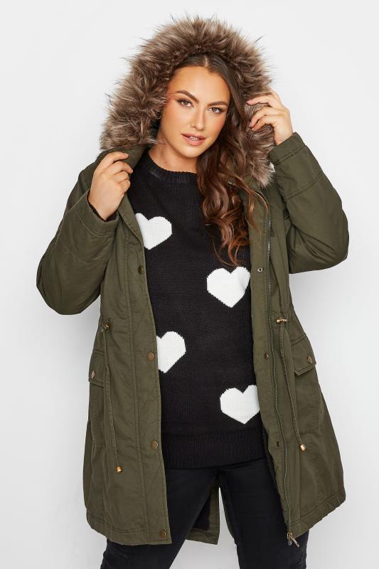  Grande Taille Curve Khaki Green Faux Fur Lined Hooded Parka