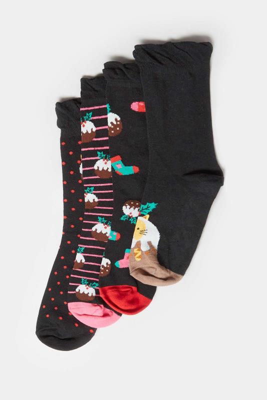 4 PACK Black Christmas Pudding Print Socks | Yours Clothing 3