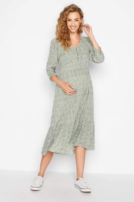 LTS Maternity Sage Green Ditsy V-Neck Button Tiered Midi Dress | Long Tall Sally 2