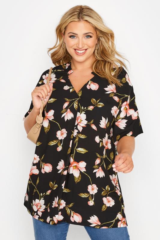 Plus Size Black Floral Print V-Neck Shirt | Yours Clothing  1