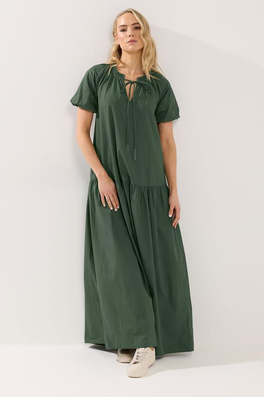 LTS Tall Women's Forest Green Puff Sleeve Cotton Maxi Dress | Long Tall Sally  1
