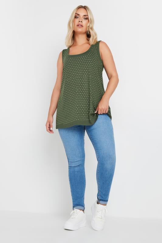 YOURS Curve Khaki Green Studded Vest Top | Yours Clothing 3