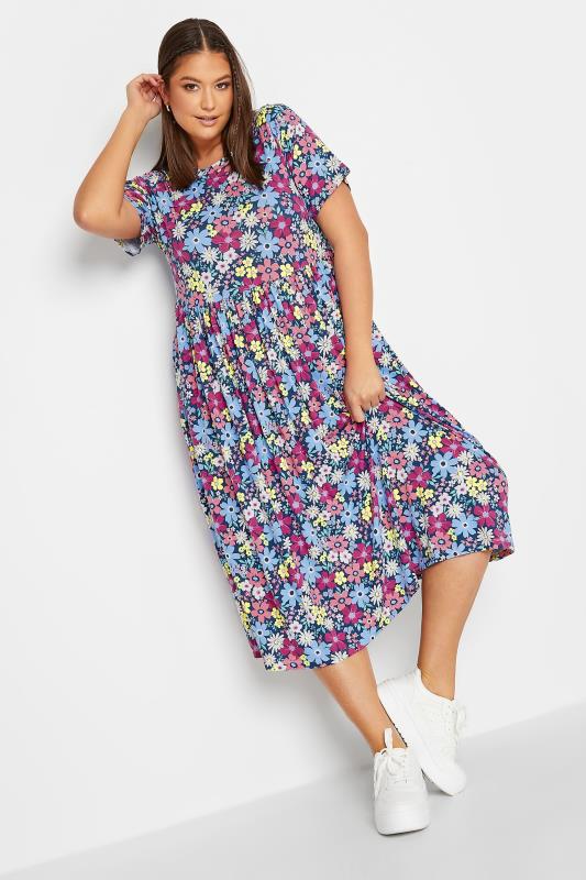 YOURS Curve Plus Size Blue Floral Smock Midi Dress | Yours Clothing  2