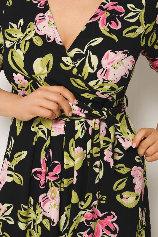 YOURS Plus Size Black Floral Wrap Front Textured Dress | Yours Clothing 4