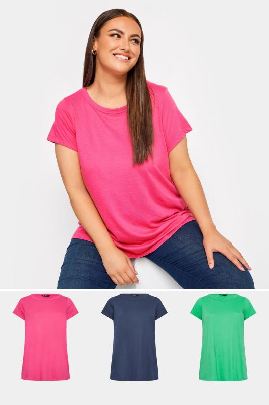 Plus Size  YOURS Curve 3 PACK Pink & Navy Blue Essential T-Shirts