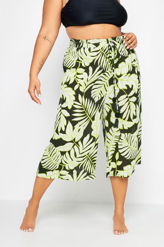 YOURS Plus Size Black & Green Leaf Print Culottes | Yours Clothing 1
