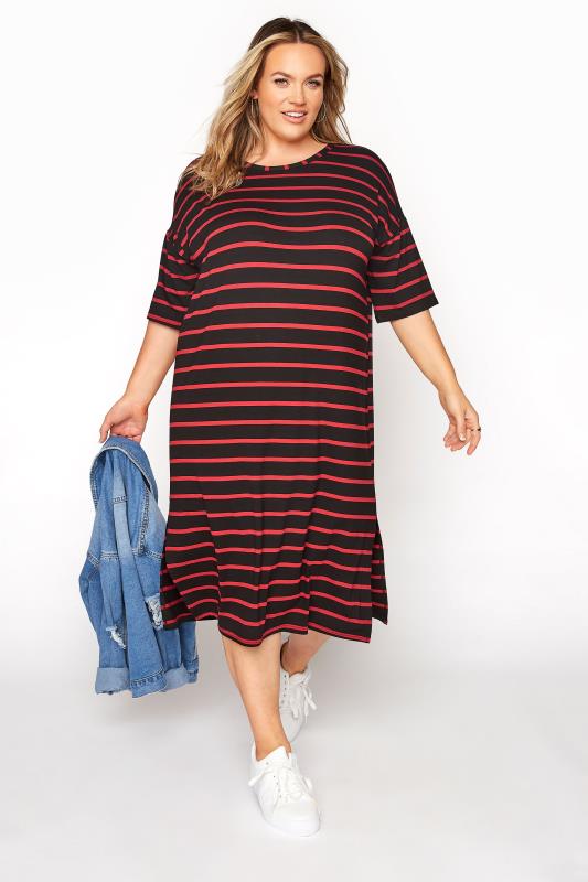 Curve Black & Red Striped Oversized T-Shirt Dress_B.jpg