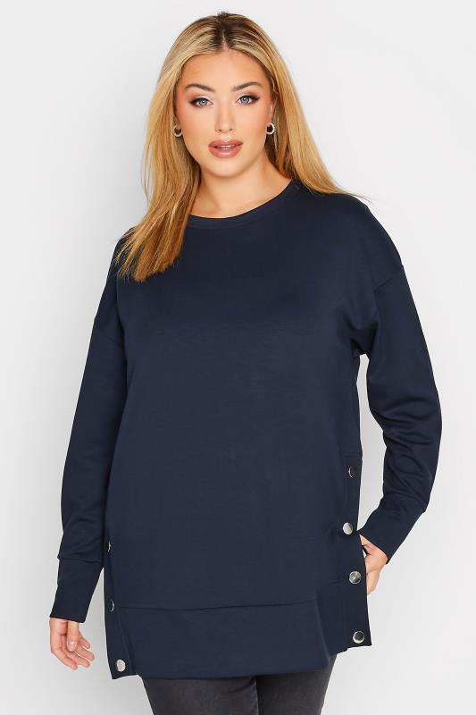 Plus Size  Curve Navy Blue Button Detail Sweatshirt