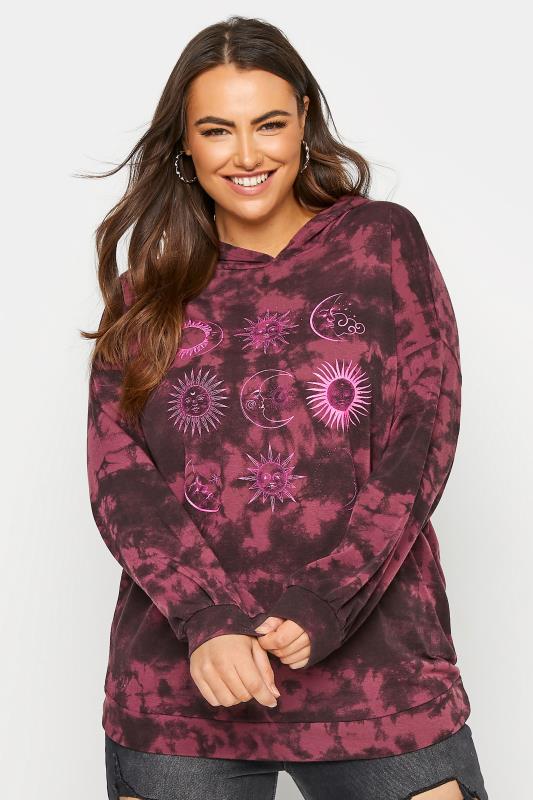 LIMITED COLLECTION Plus Size Berry Pink Tie Dye Astrology Print Hoodie | Yours Clothing 1