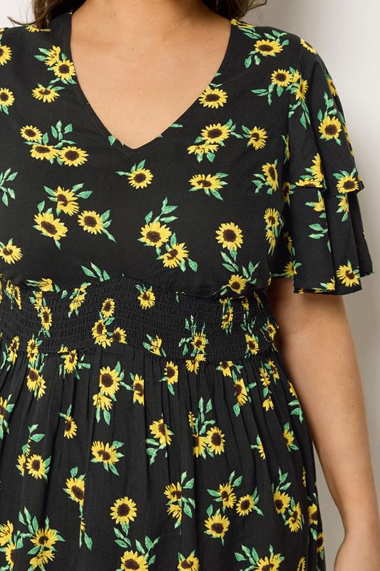YOURS Plus Size Black Sunflower Print Flutter Sleeve Top | Yours Clothing 5
