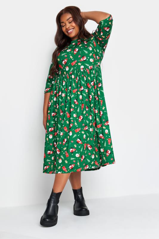 Plus Size  LIMITED COLLECTION Curve Green Santa Print Christmas Smock Dress