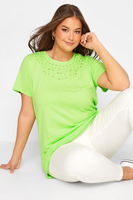 Plus Size Lime Green Broderie Anglaise Neckline T-Shirt | Yours Clothing 4