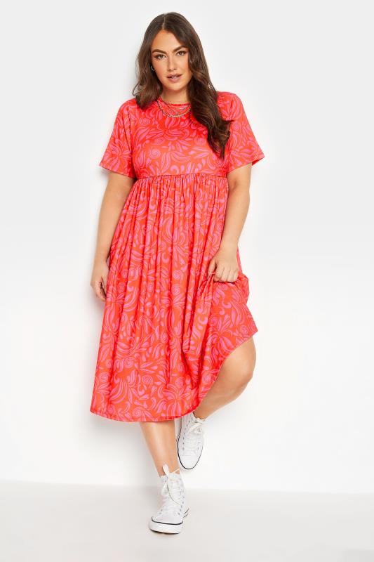 Plus Size  YOURS Curve Hot Pink Abstract Print Smock Dress