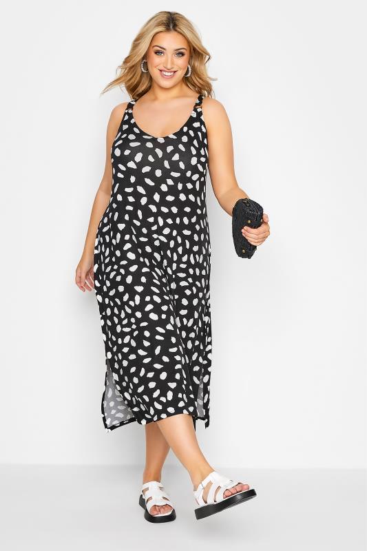  Curve Black Dalmatian Print Side Split Midi Beach Dress