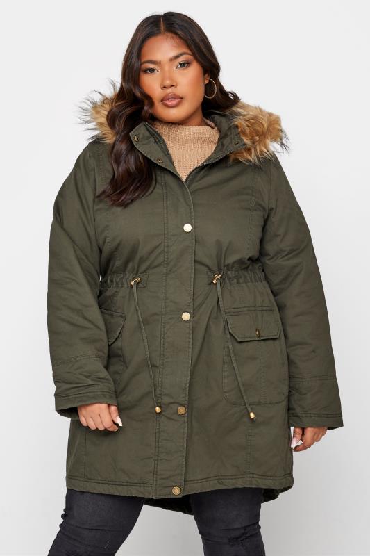 Plus Size Khaki Green Faux Fur Lined, Fur Lined Hooded Coat Womens
