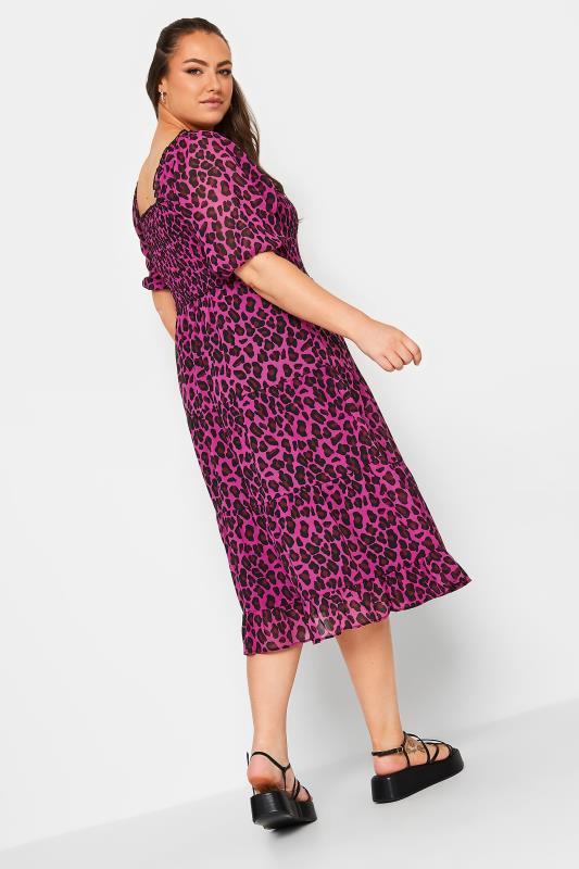 YOURS Curve Plus Size Hot Pink Leopard Print Midi Shirred Dress | Yours Clothing  3