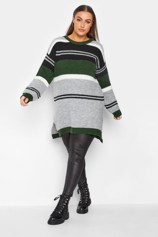 Plus Size Green & Grey Stripe Jumper | Yours Clothing 3