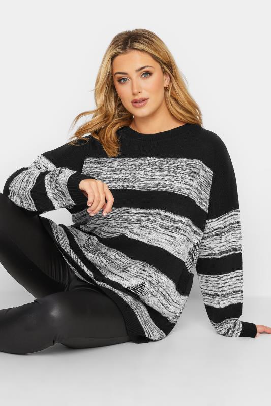 Plus Size Black Distressed Stripe Oversized Jumper | Yours Clothing 4
