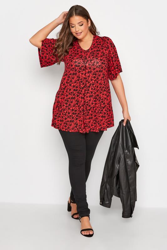 Plus Size Red Floral Pleated Swing Top | Yours Clothing 2