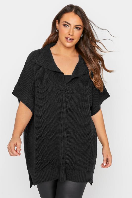 Plus Size  Curve Black Open Collar Knitted Vest