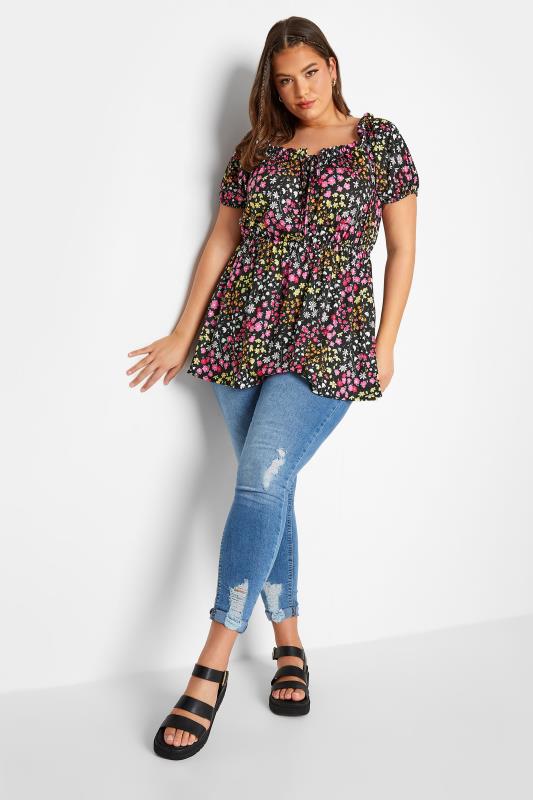 LIMITED COLLECTION Plus Size Curve Black Floral Ditsy Bardot Top | Yours Clothing  2