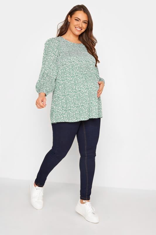 BUMP IT UP MATERNITY Plus Size Green Ditsy Print Shirred Swing Top | Yours Clothing 2