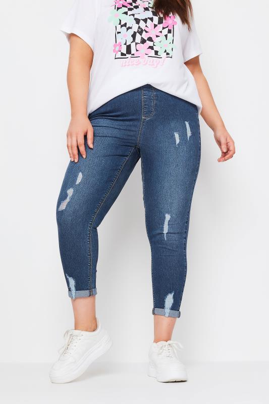 YOURS Plus Size Mid Wash Blue Ripped Turn Up Cropped GRACE Jeggings | Yours Clothing 1