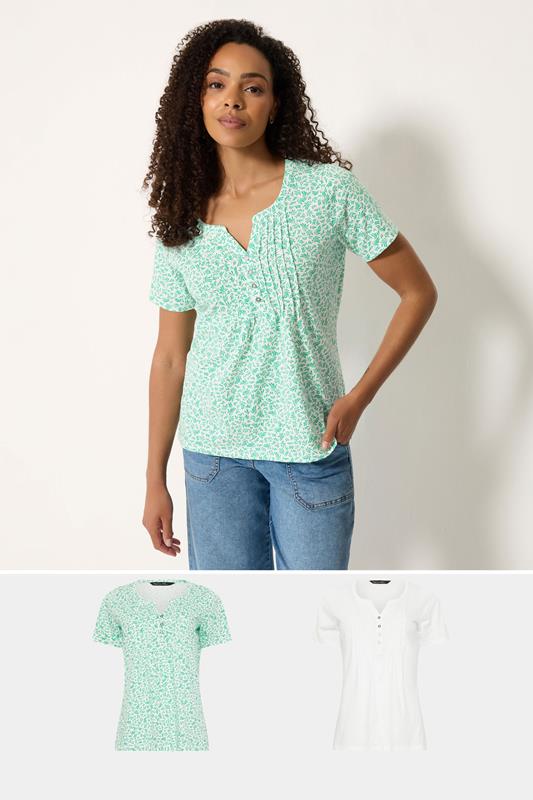 M&Co 2 PACK White & Green Leaf Print Cotton Henley Tops | M&Co 1