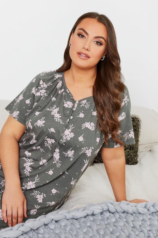Plus Size Grey Floral Print Placket Nightdress | Yours Clothing  4