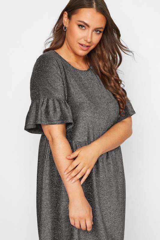 Plus Size Grey Glitter Frill Sleeve Smock Dress | Yours Clothing 5