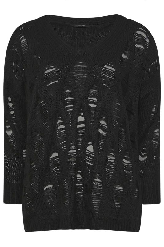 Plus Size Black Distressed V-Neck Knitted Jumper | Yours Clothing 7