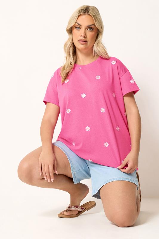 YOURS Plus Size Pink Embroidered Daisy Short Sleeve T-Shirt | Yours Clothing 1