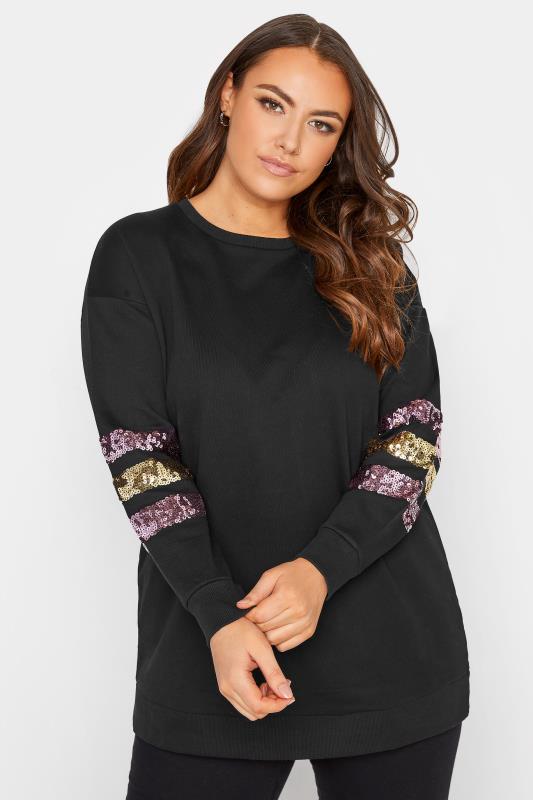 Plus Size  Curve Black Sequin Sleeve Sweatshirt
