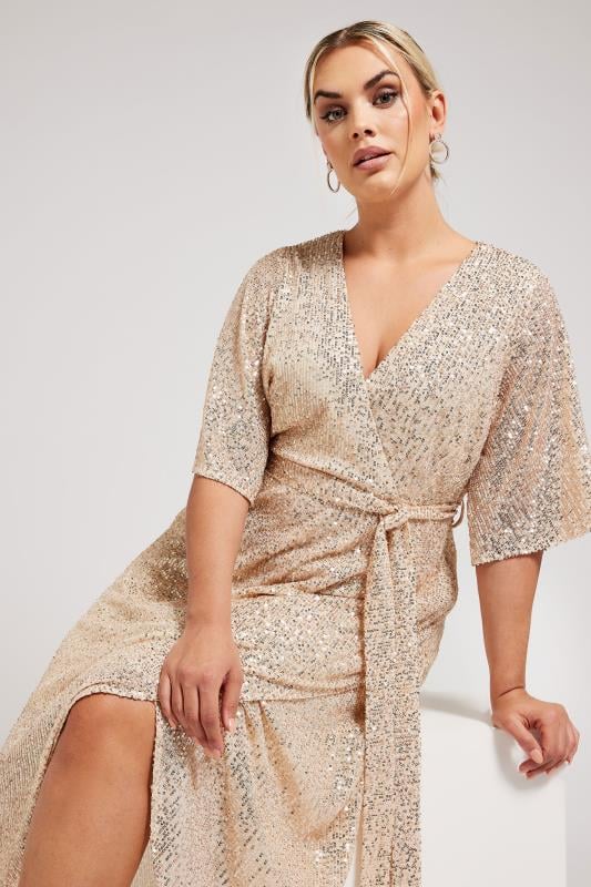 YOURS LONDON Plus Size Champagne Gold Sequin Wrap Dress | Yours Clothing  2