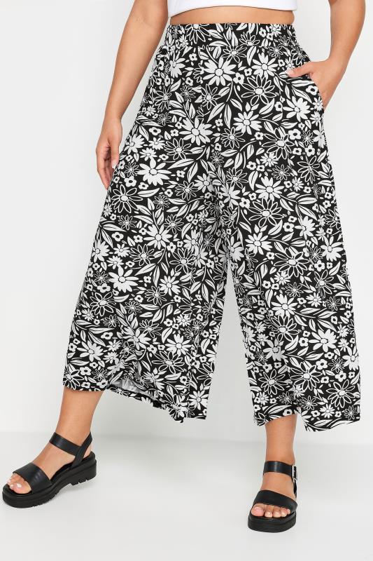 YOURS Plus Size Black & White Floral Print Midaxi Culottes | Yours Clothing 1